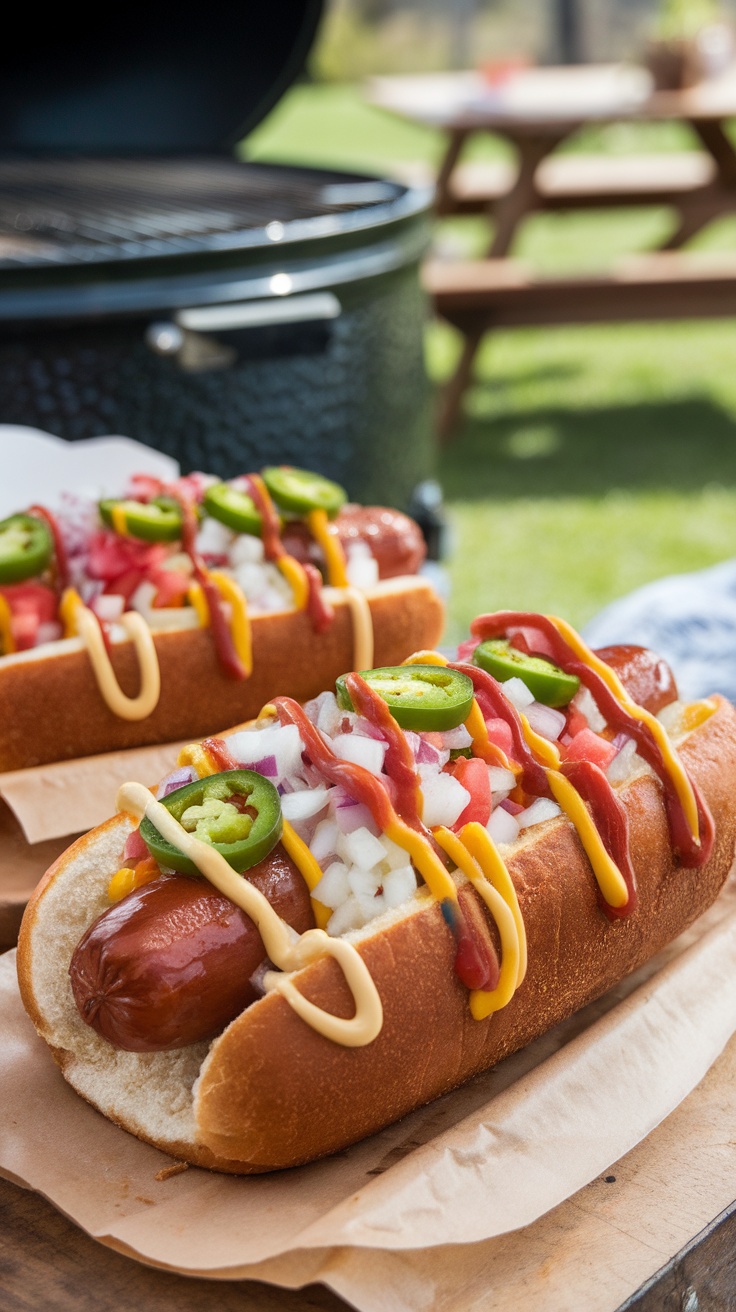 A delicious Sonoran Hot Dog with bacon wrap, fresh toppings, and sauces on a toasted bun, perfect for summer grilling.